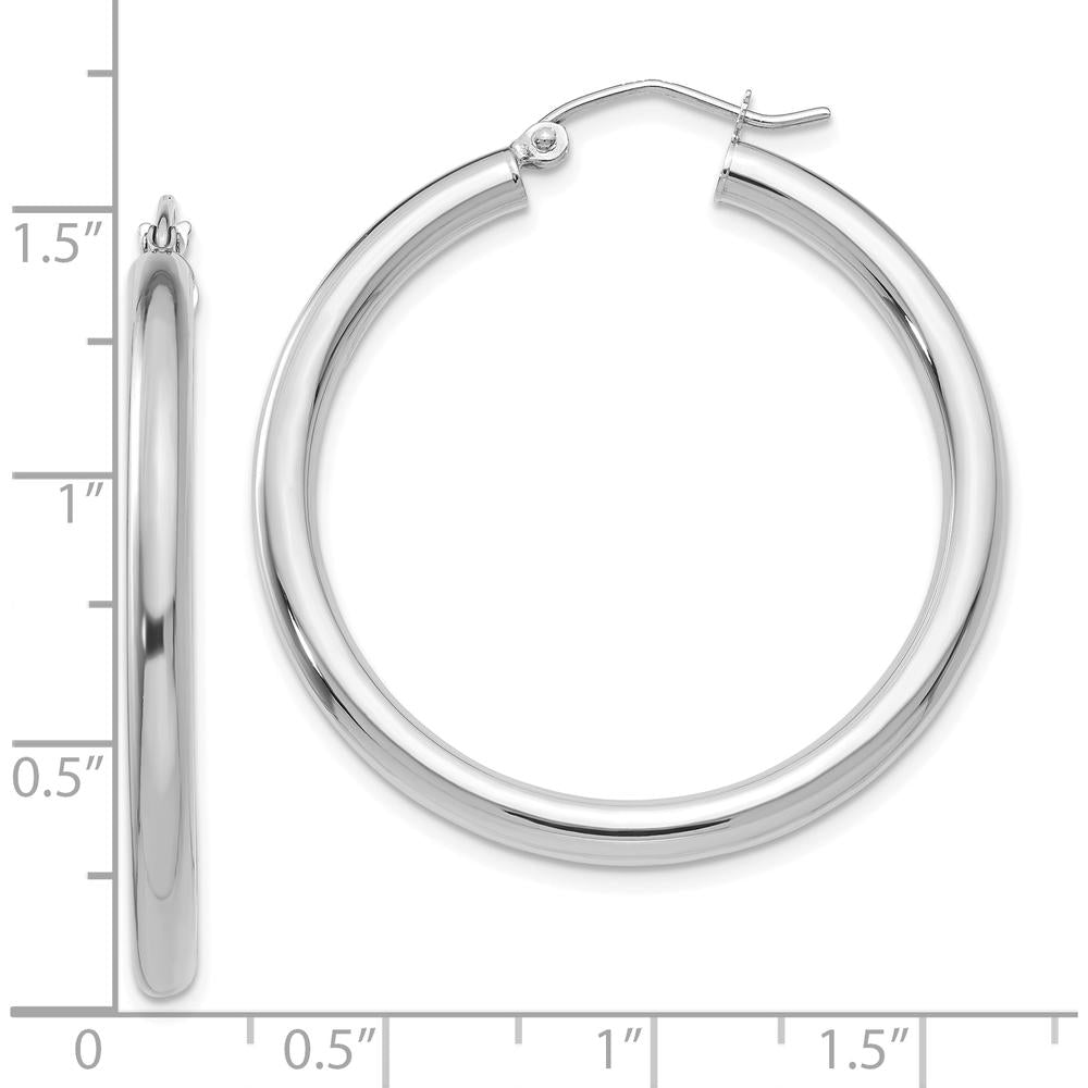 10K White Gold Polished 3mm Lightweight Tube Hoop Earrings - Rhodium Plated