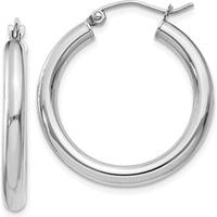 10K White Gold Polished 3mm Tube Hoop Earrings - 20mm Length, Rhodium Plating