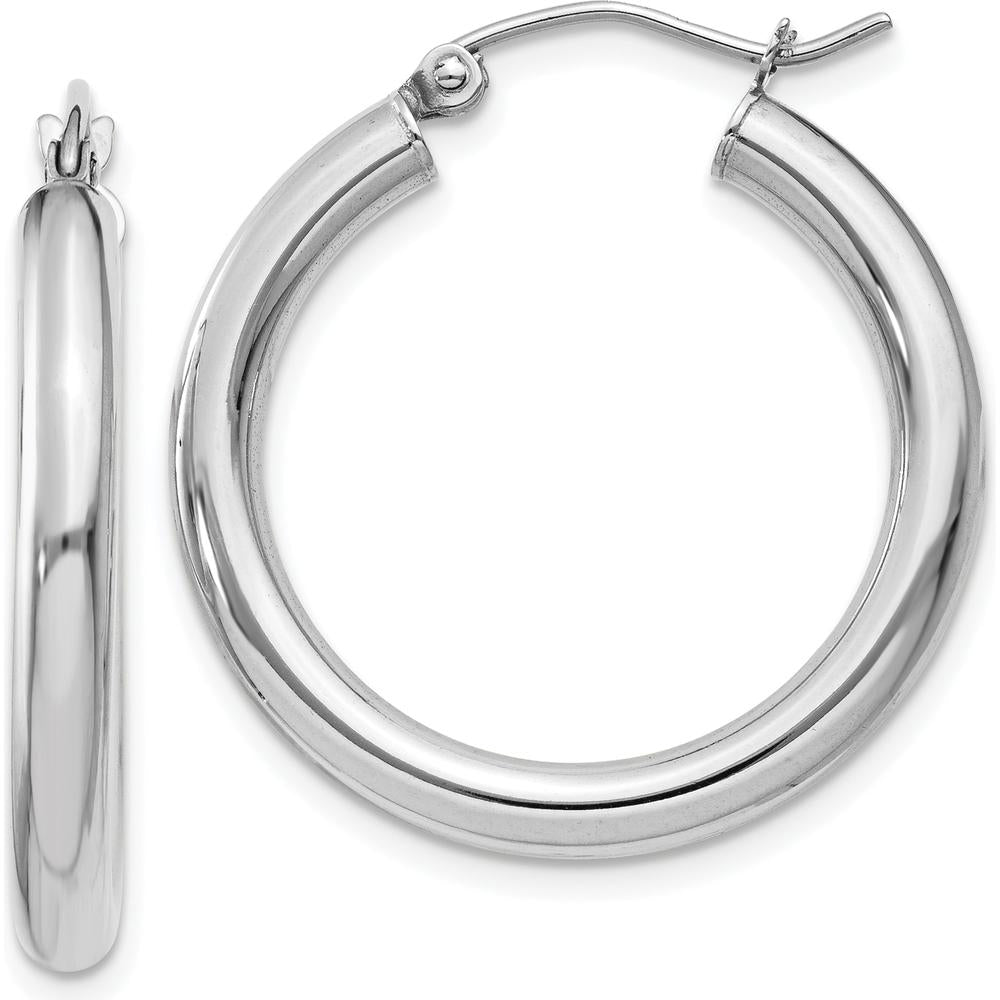 10K White Gold Polished 3mm Tube Hoop Earrings - 20mm Length, Rhodium Plating