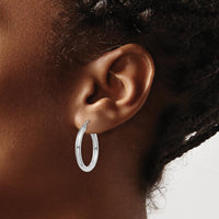 10K White Gold Polished 3mm Tube Hoop Earrings - 20mm Length, Rhodium Plating