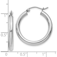 10K White Gold Polished 3mm Tube Hoop Earrings - 20mm Length, Rhodium Plating