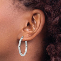10K White Gold Polished 3mm Tube Hoop Earrings - 25mm Length
