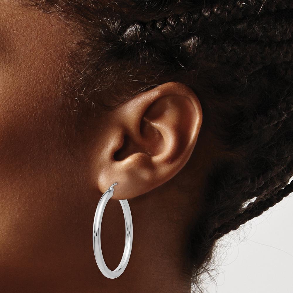 10K White Gold Polished 3mm Tube Hoop Earrings - 35.48mm Width