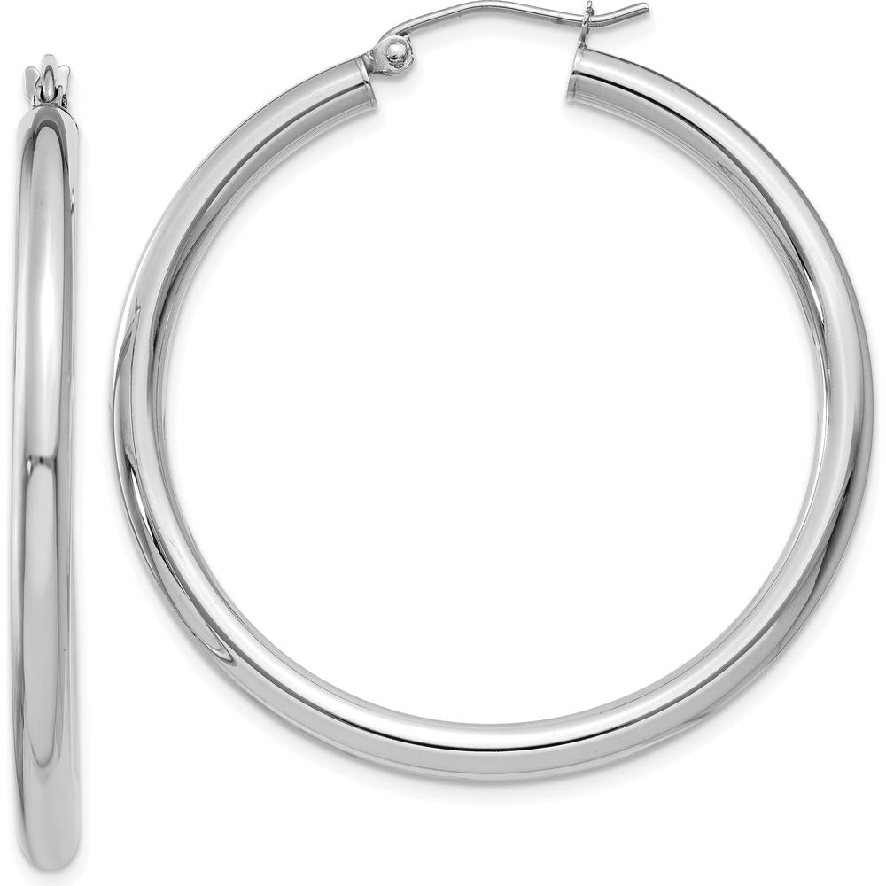 10K White Gold Polished 3mm Tube Hoop Earrings - Classic Polished Finish with Rhodium Plating