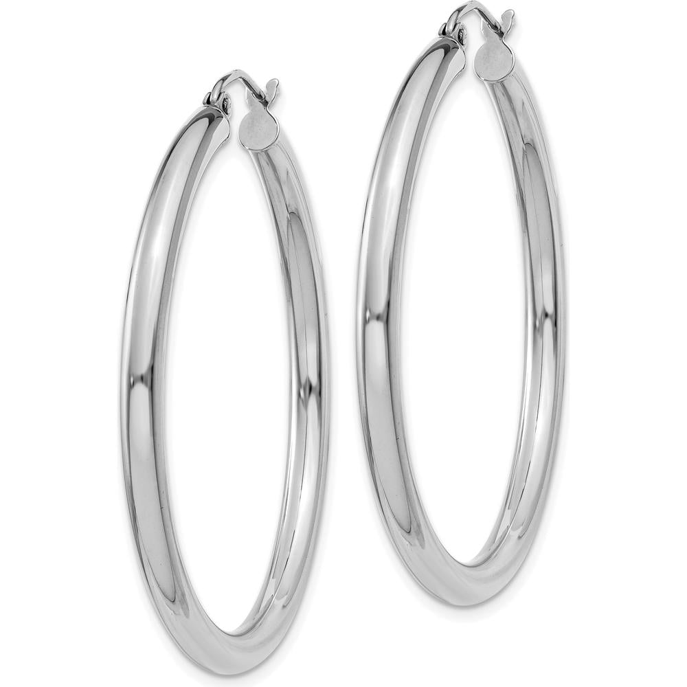 10K White Gold Polished 3mm Tube Hoop Earrings - Classic Polished Finish with Rhodium Plating