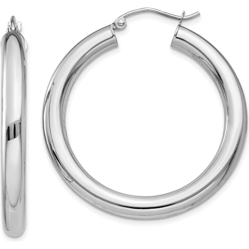 10K White Gold Polished 4mm Lightweight Tube Hoop Earrings - Elegant Everyday Accessory