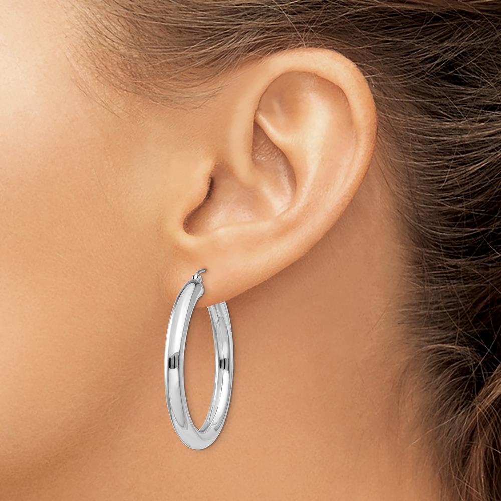 10K White Gold Polished 4mm Lightweight Tube Hoop Earrings - Elegant Everyday Accessory