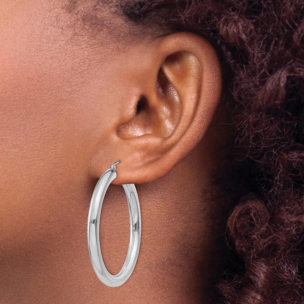 10K White Gold Polished 4mm Tube Hoop Earrings - 39.82mm Length