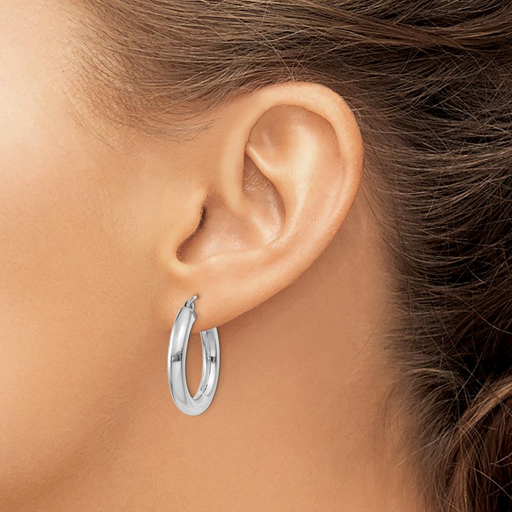 10K White Gold Polished 4mm Tube Hoop Earrings - Classic Design for Everyday Elegance