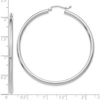 10K White Gold Polished 50mm Tube Hoop Earrings - Lightweight & Rhodium Plated