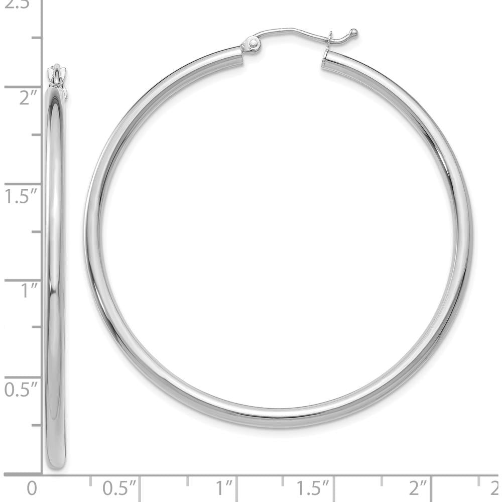 10K White Gold Polished 50mm Tube Hoop Earrings - Lightweight & Rhodium Plated