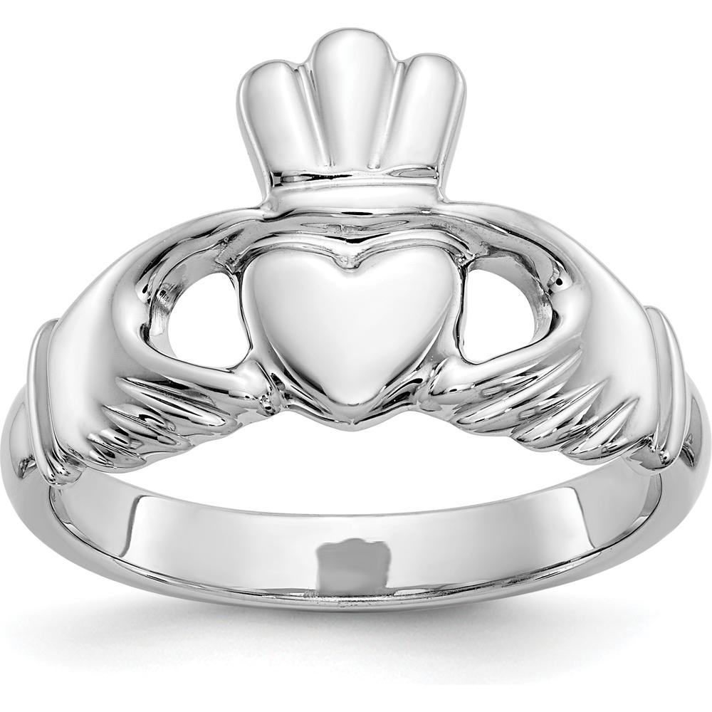 10K White Gold Polished Claddagh Ring with Hands, Heart, and Crown Symbol