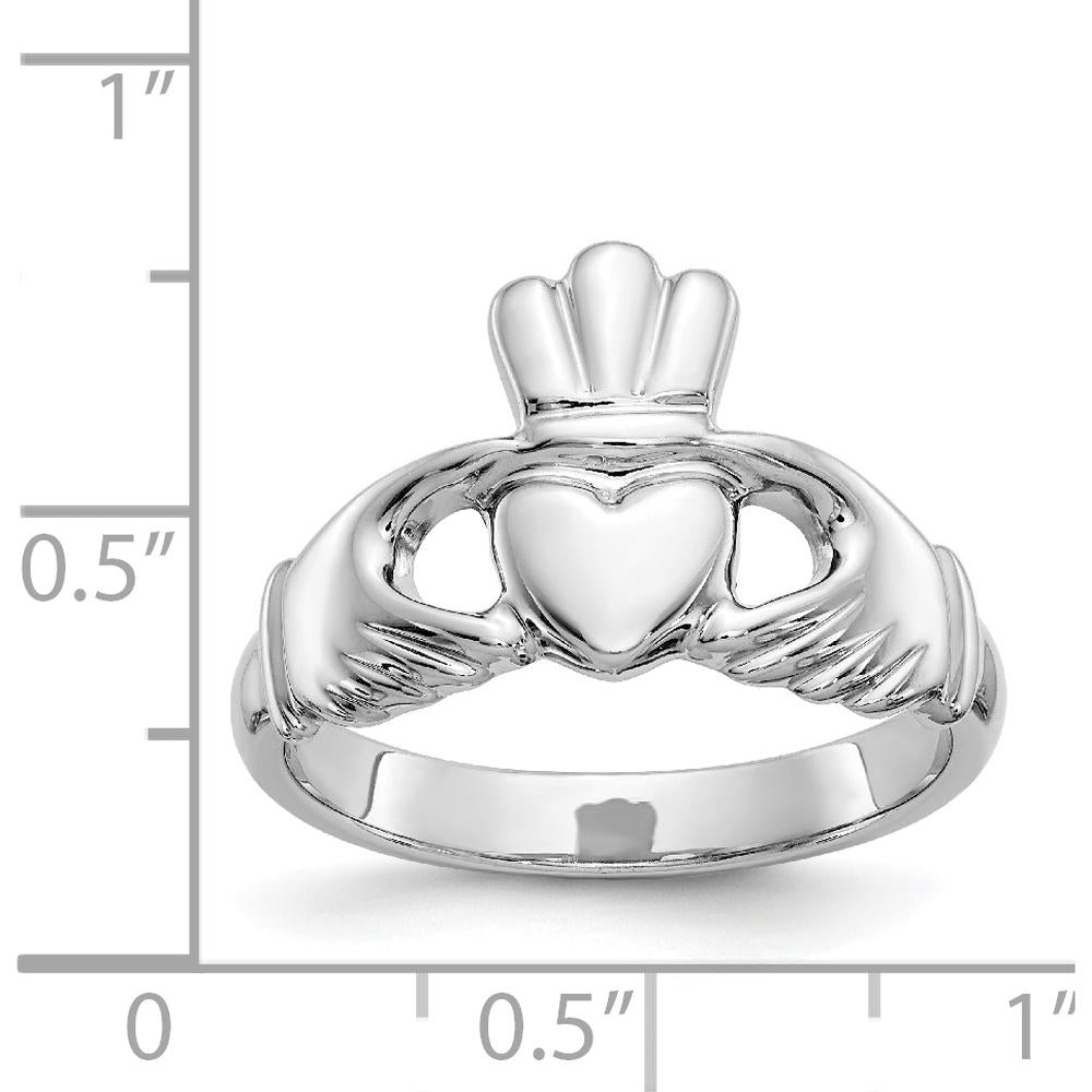 10K White Gold Polished Claddagh Ring with Hands, Heart, and Crown Symbol