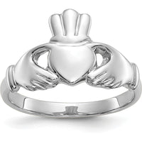 10K White Gold Polished Claddagh Ring with Rhodium Plating - Solid Design