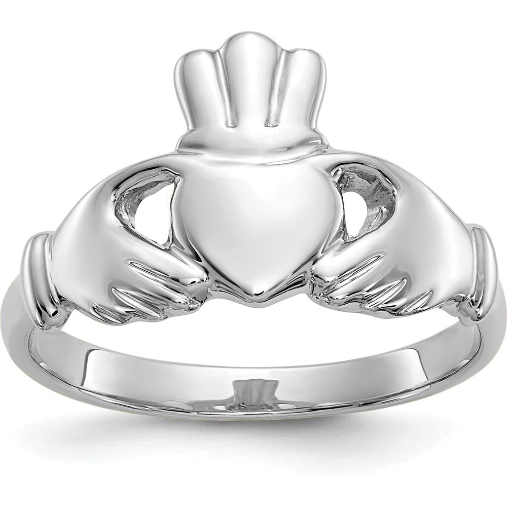 10K White Gold Polished Claddagh Ring with Rhodium Plating - Solid Design