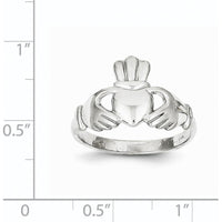 10K White Gold Polished Claddagh Ring with Rhodium Plating - Solid Design