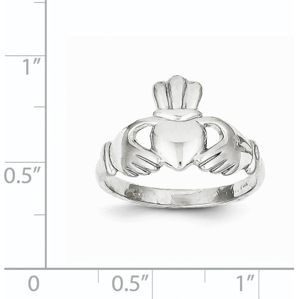 10K White Gold Polished Claddagh Ring with Rhodium Plating - Solid Design