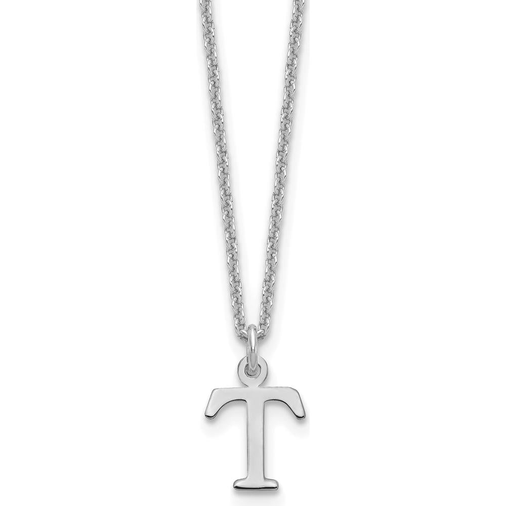 10K White Gold Polished Cutout Letter T Initial Pendant Necklace with Rhodium Plating - 18" Cable Chain