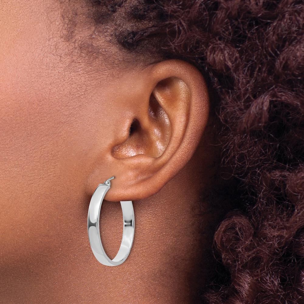 10K White Gold Polished Hoop Earrings - 28mm Length, 4mm Thickness