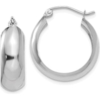 10K White Gold Polished Hoop Earrings with Rhodium Plating - 14mm Length, 7mm Width