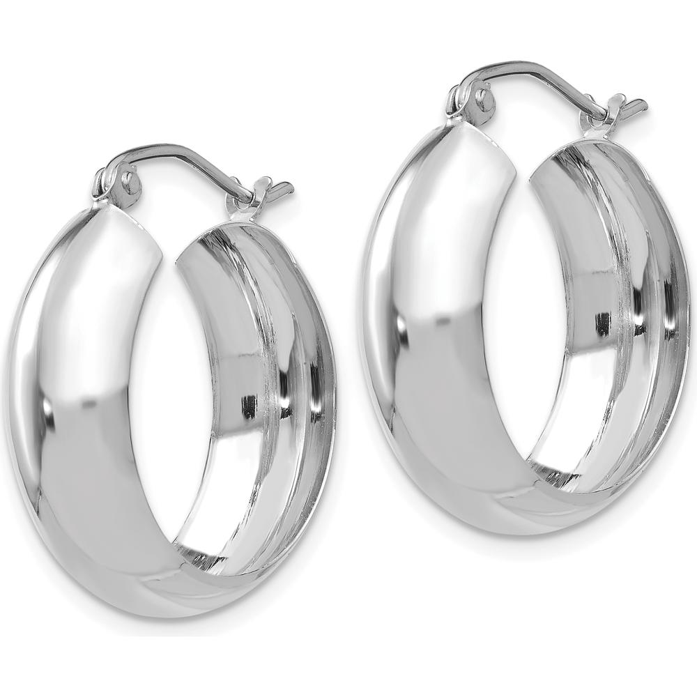 10K White Gold Polished Hoop Earrings with Rhodium Plating - 14mm Length, 7mm Width