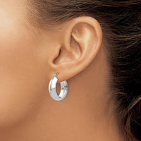 10K White Gold Polished Hoop Earrings with Rhodium Plating - 14mm Length, 7mm Width