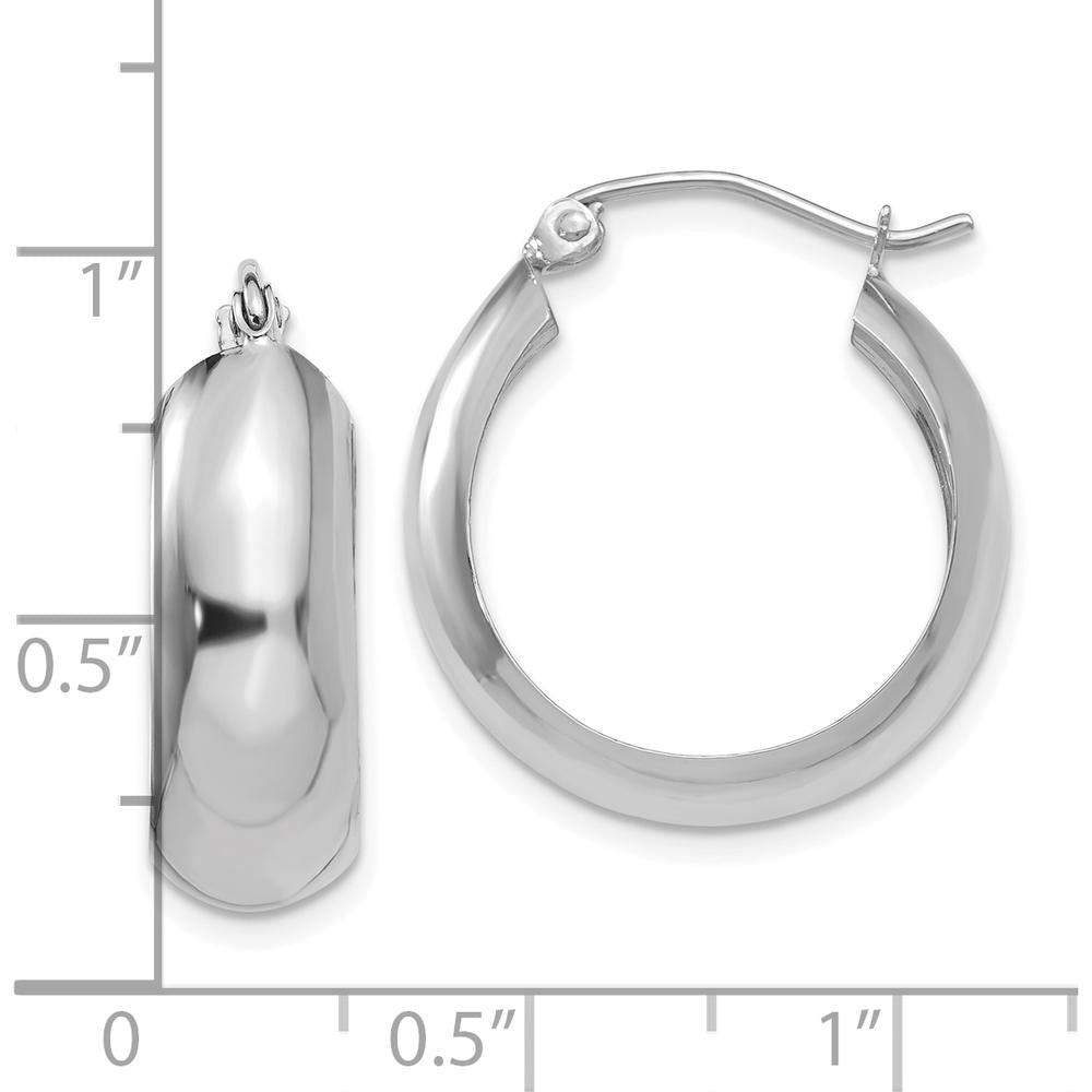 10K White Gold Polished Hoop Earrings with Rhodium Plating - 14mm Length, 7mm Width
