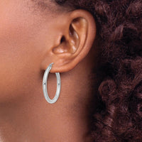 10K White Gold Polished Lightweight 3mm Tube Hoop Earrings - Rhodium Plated