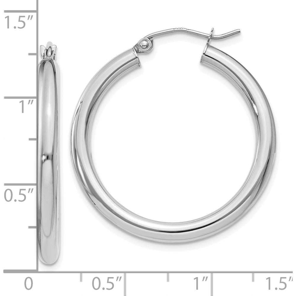 10K White Gold Polished Lightweight 3mm Tube Hoop Earrings - Rhodium Plated