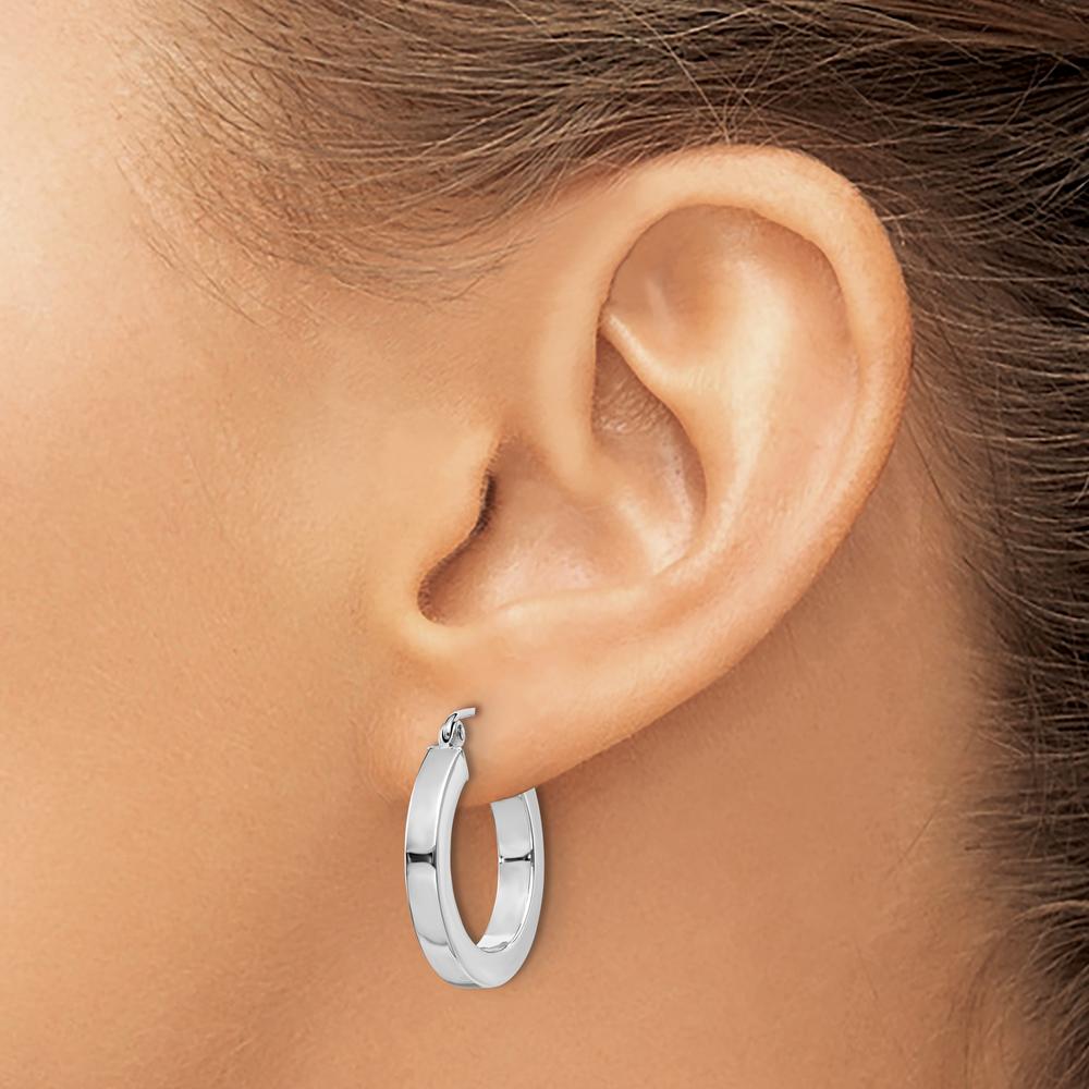 10K White Gold Polished Square Tube Hoop Earrings - 20mm Length