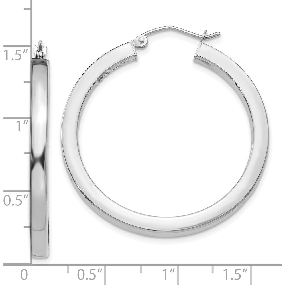 10K White Gold Polished Square Tube Hoop Earrings - 35mm Length