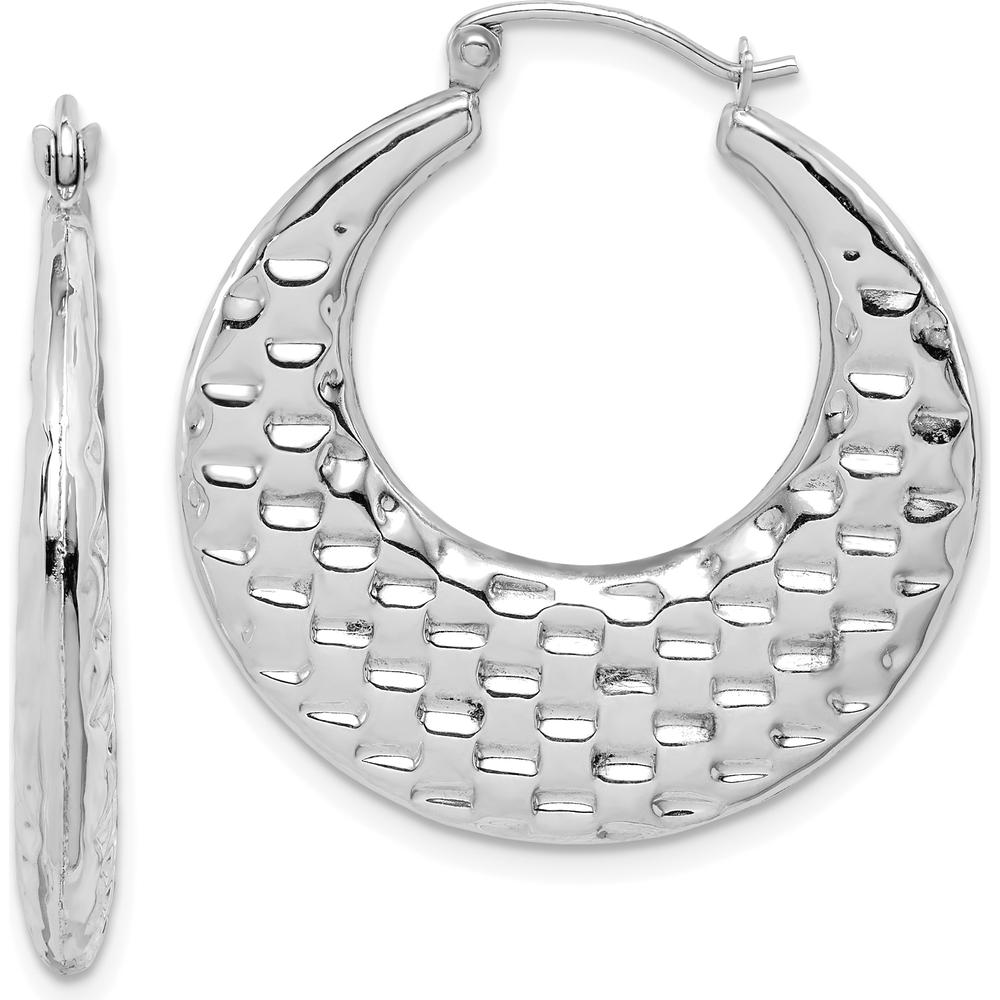 10K White Gold Polished Textured Hoop Earrings - Elegant Rhodium Plated Hoops