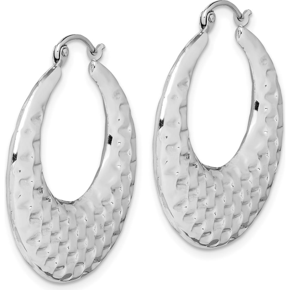 10K White Gold Polished Textured Hoop Earrings - Elegant Rhodium Plated Hoops