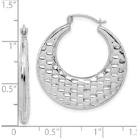 10K White Gold Polished Textured Hoop Earrings - Elegant Rhodium Plated Hoops