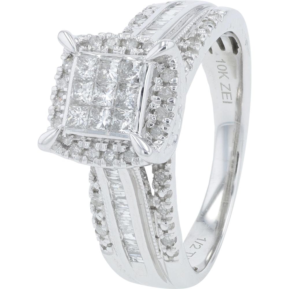 10K White Gold Princess Cut Diamond Cluster Ring - 0.50 Carat Total Diamond Weight