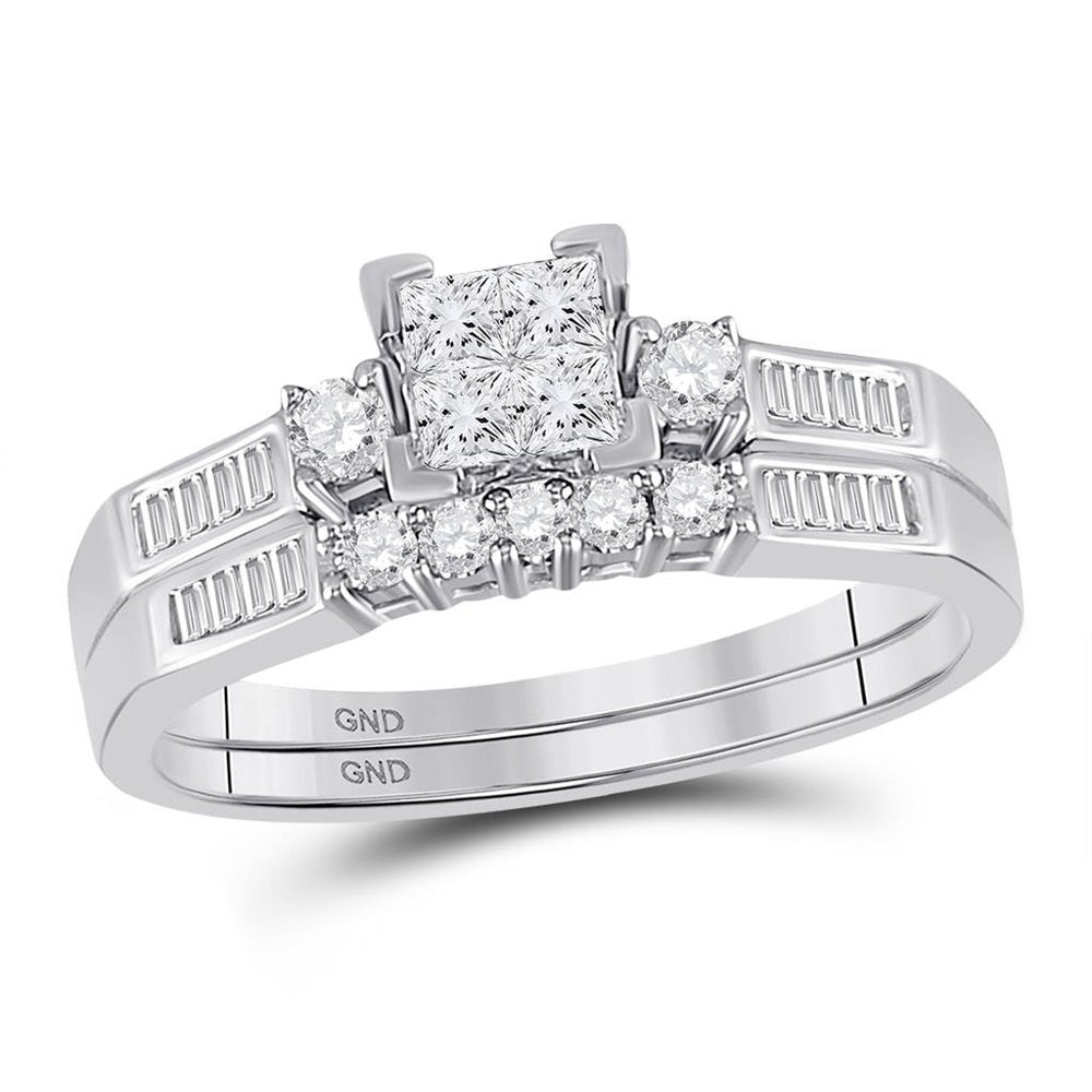 10K White Gold Princess Diamond Bridal Ring Set - 1 Carat Total Diamond Weight