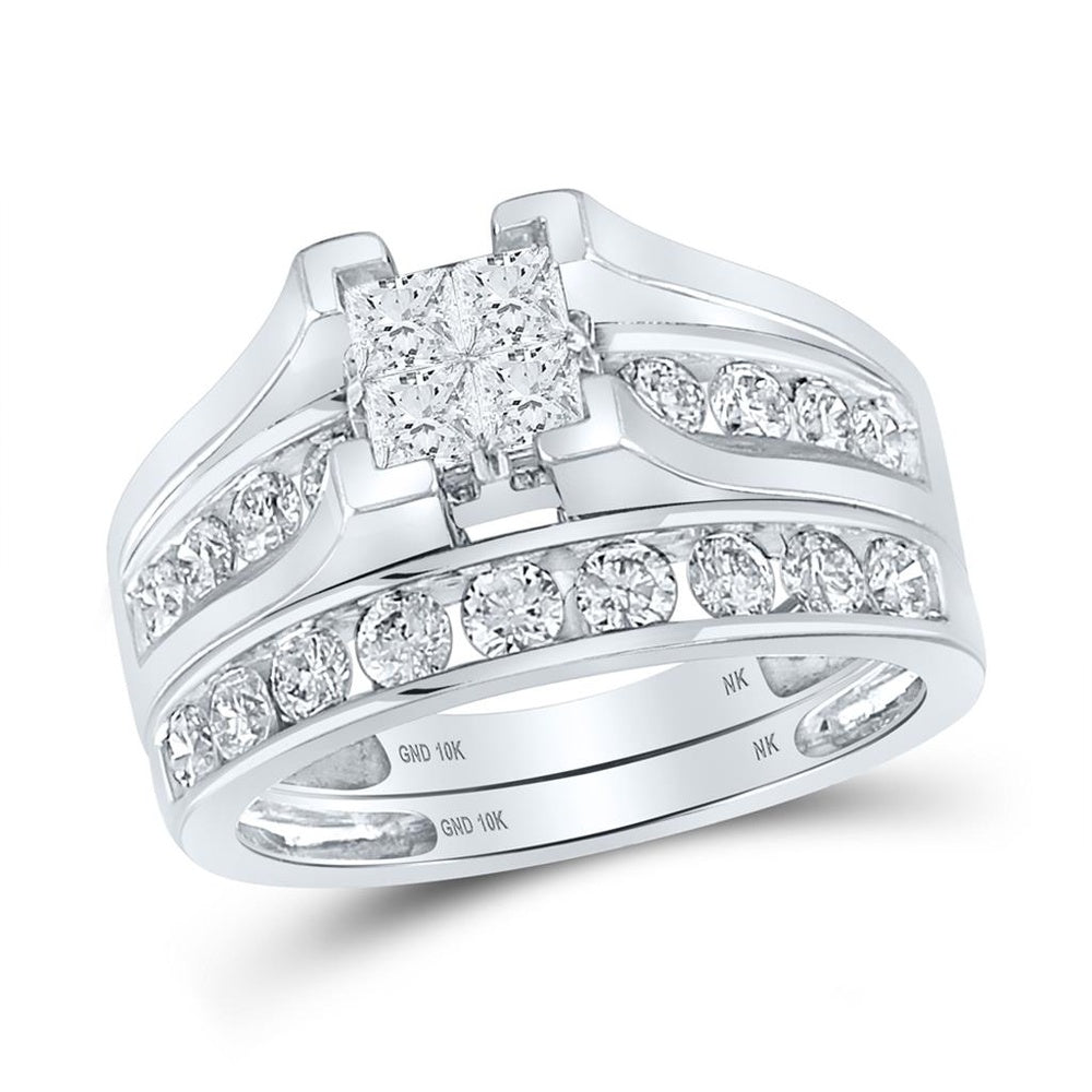 10K White Gold Princess Diamond Bridal Wedding Ring Set 1 - 1 and 1/2 Carat Total Diamond Weight