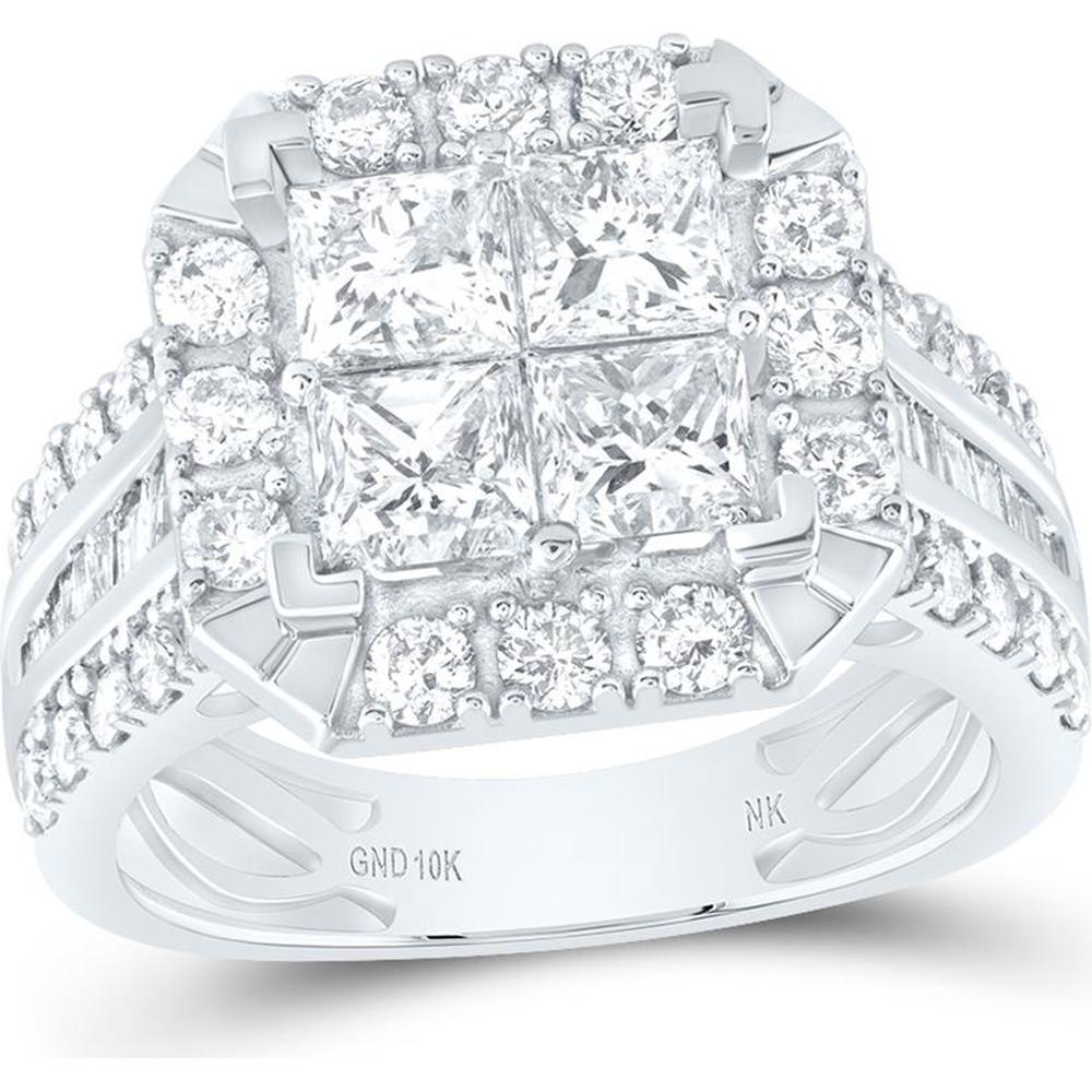 10K White Gold Princess Diamond Square Ring with Round and Baguette Diamonds - 3.20 Carat Total Diamond Weight