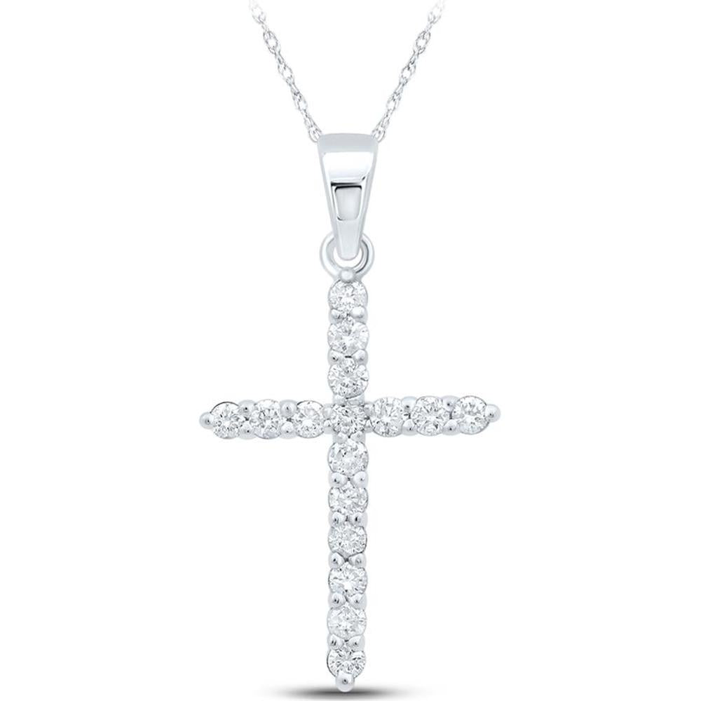 10K White Gold Prong-Set Round Diamond Cross Pendant - 0.25 Carat Total Diamond Weight