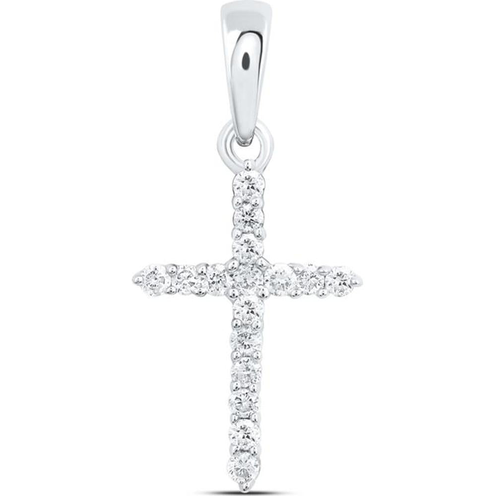 10K White Gold Prong-Set Round Diamond Cross Pendant - 1/6 Carat Total Diamond Weight
