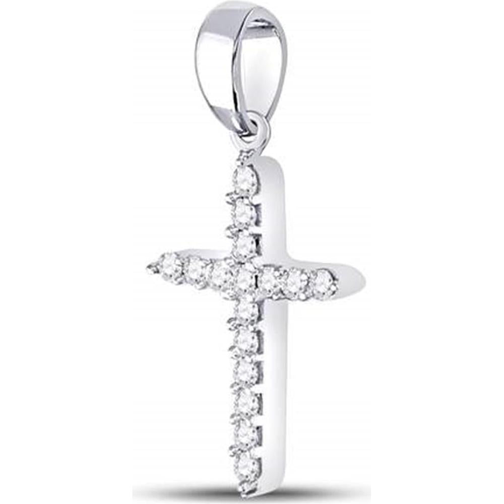 10K White Gold Prong-Set Round Diamond Cross Pendant - 1/6 Carat Total Diamond Weight
