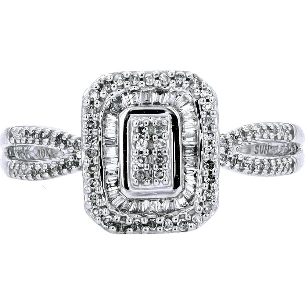 10K White Gold Rectangular Halo Diamond Ring with Double Row Band - 1/4 Carat Total Weight