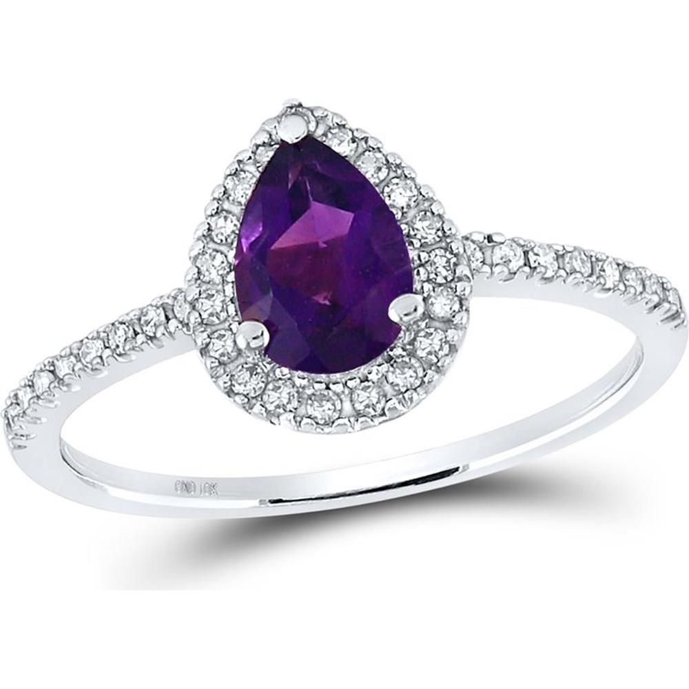 10K White Gold Ring with 0.60 Carat Pear Lab Grown Amethyst and 0.16 Carat Diamond Halo