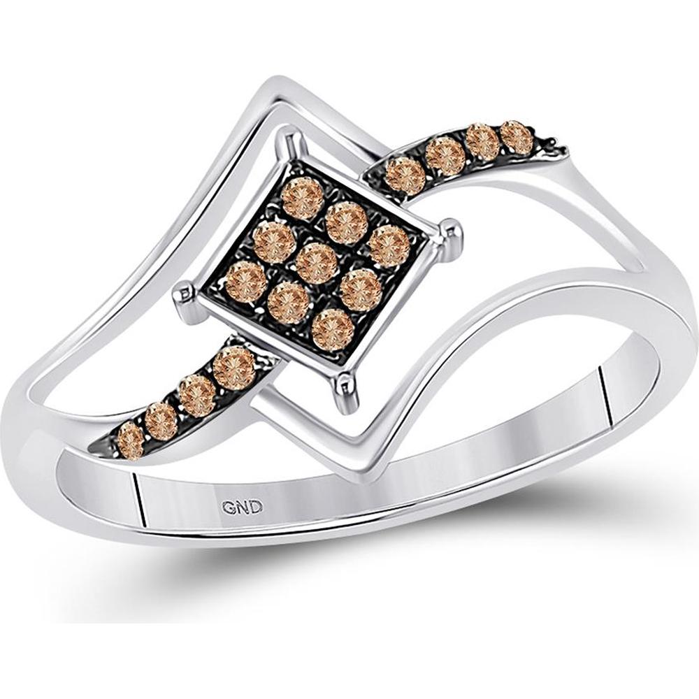 10K White Gold Ring with 1/6 Carat Total Weight Prong-Set Round Brown Diamond Square Cluster