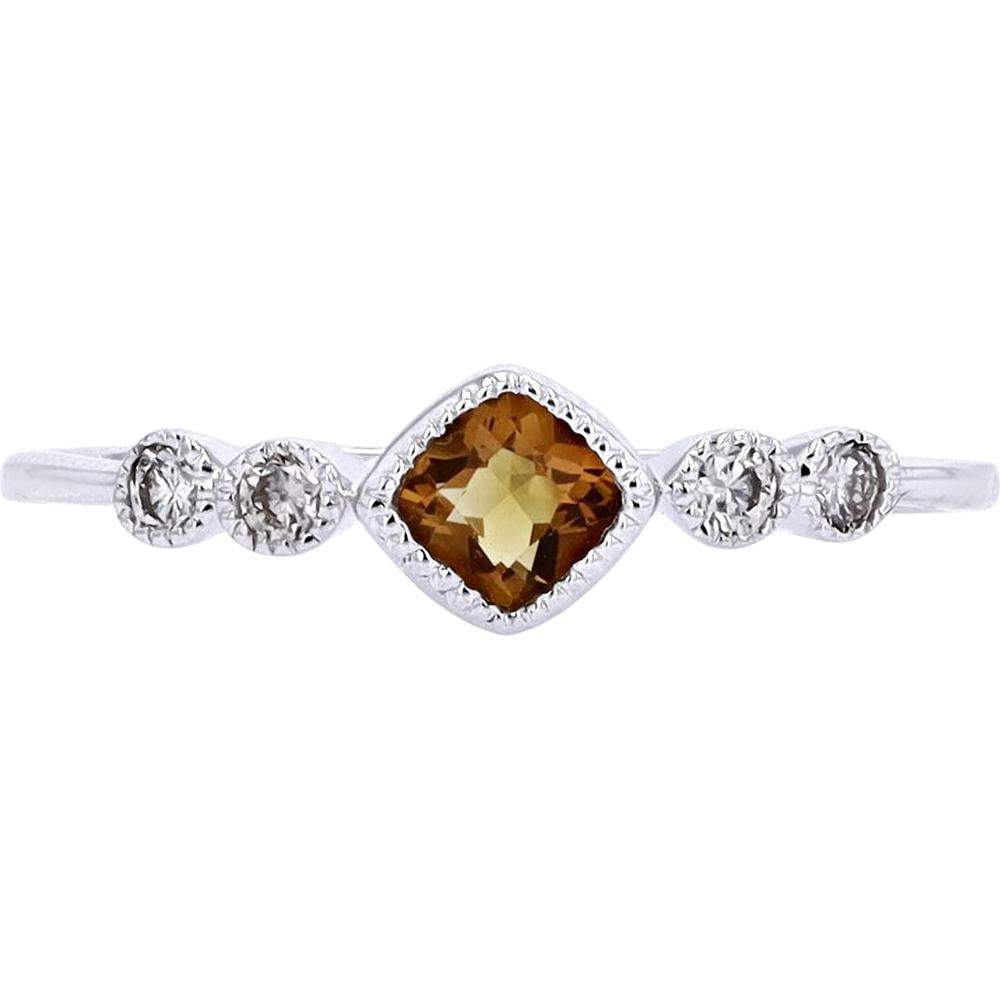 10K White Gold Ring with Cushion-Cut Citrine and Bezel-Set Diamond Accents - 0.10 Carats Total Diamond Weight