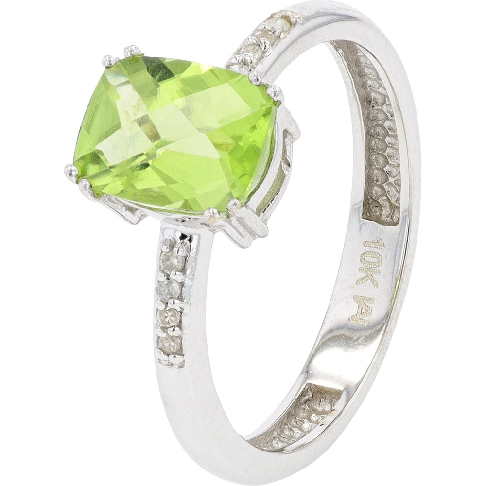 10K White Gold Ring with Cushion-Cut Peridot and Diamond-Accented Shoulders - 1.50 to 1.75 Carat Total Gem Weight and 0.04 Carat Total Diamond Weight