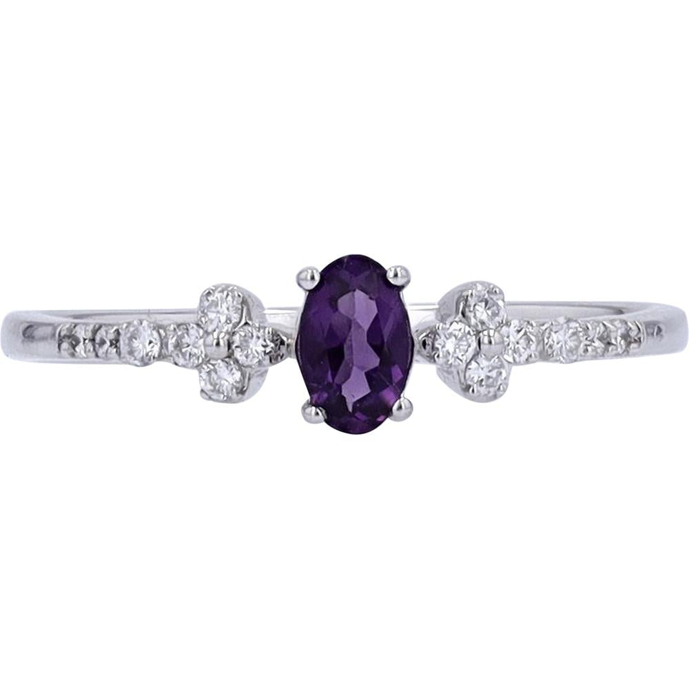 10K White Gold Ring with Oval Amethyst and 0.10 Carats Diamond Accents