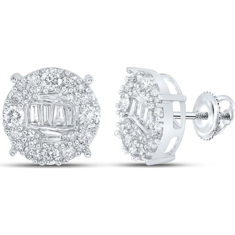 10K White Gold Round and Baguette Diamond Circle Cluster Earrings - 1.00 Carat Total Diamond Weight