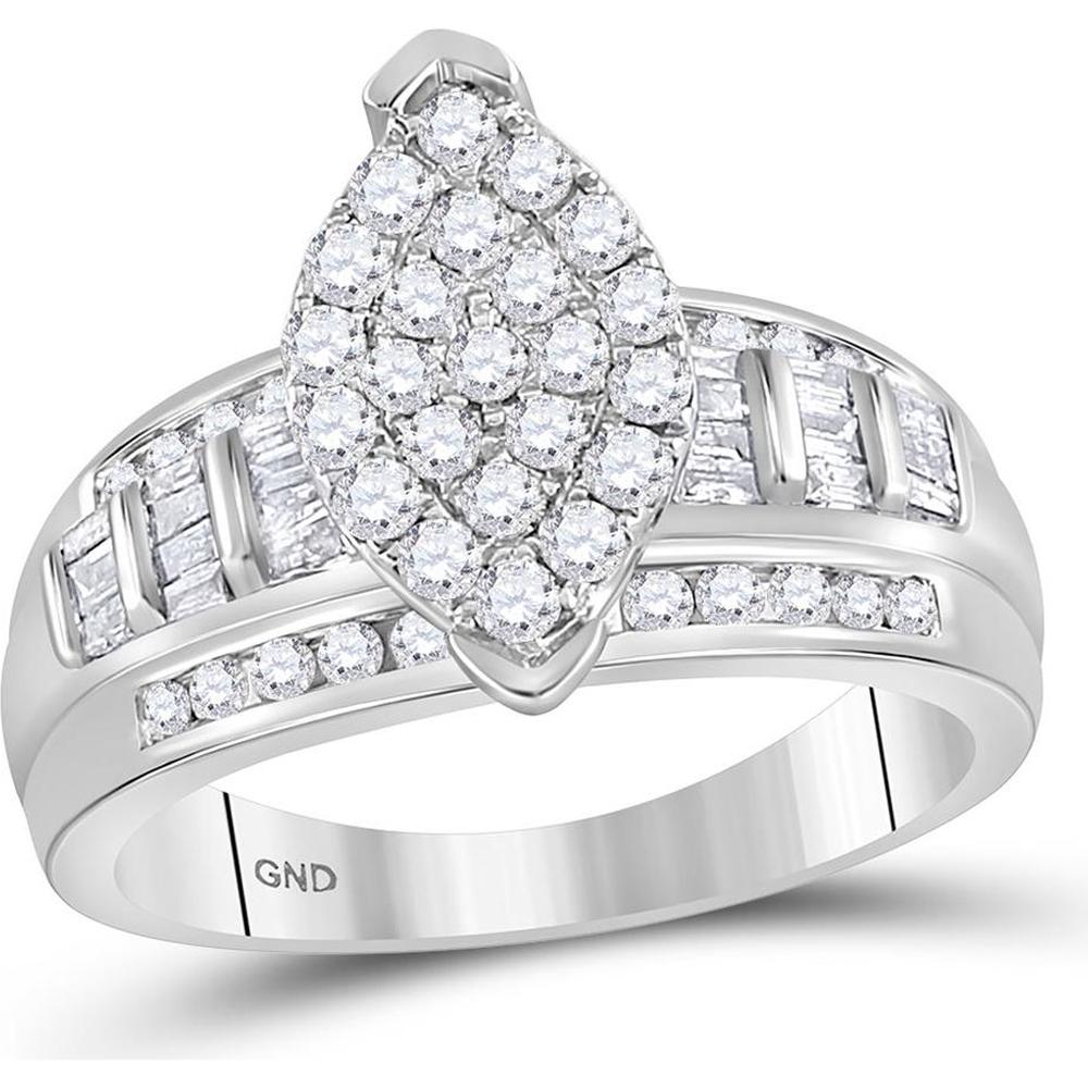 10K White Gold Round and Baguette Diamond Cluster Bridal Engagement Ring - 1.0 Carat Total Diamond Weight