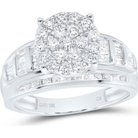10K White Gold Round and Baguette Diamond Cluster Engagement Ring - 7/8 Carat Total Diamond Weight